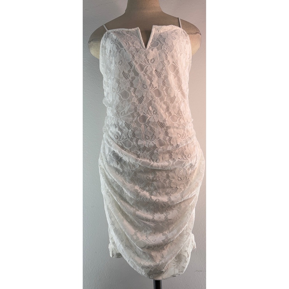 Y2K Rue21 White Floral Lace Ruched Bodycon Mini Dress Coquette CottageBoho L NWT